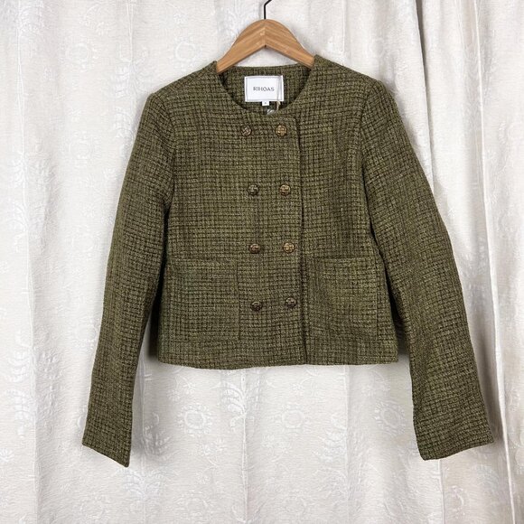 Rihoas The Vintage Solid Tweed Jacket double breasted green cropped coat NWT - Picture 2 of 8